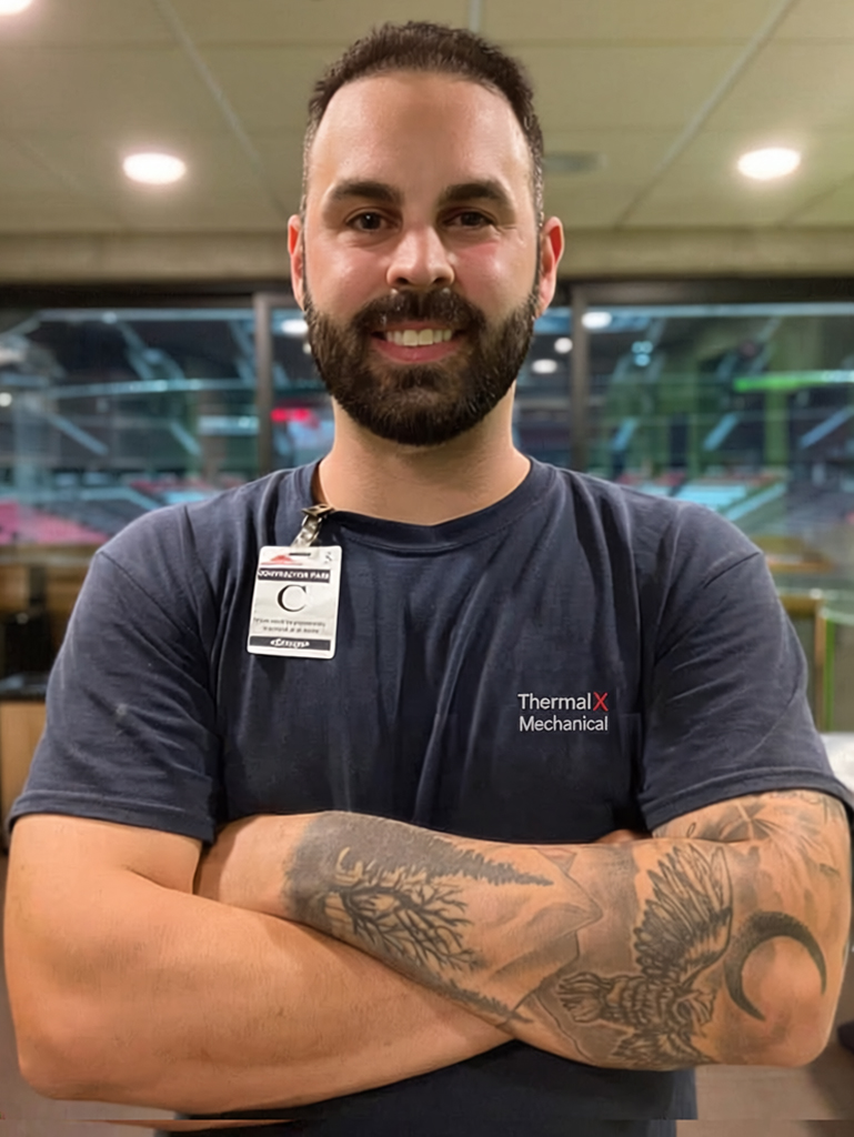 The owner of ThermalX Mechanical, arms crossed, in a ThermalX Mechanical shirt